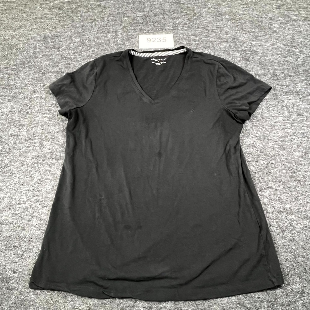Nautica T Shirt Womens Large Black Cotton Stretch Short Sleeve V Neck FLAWED